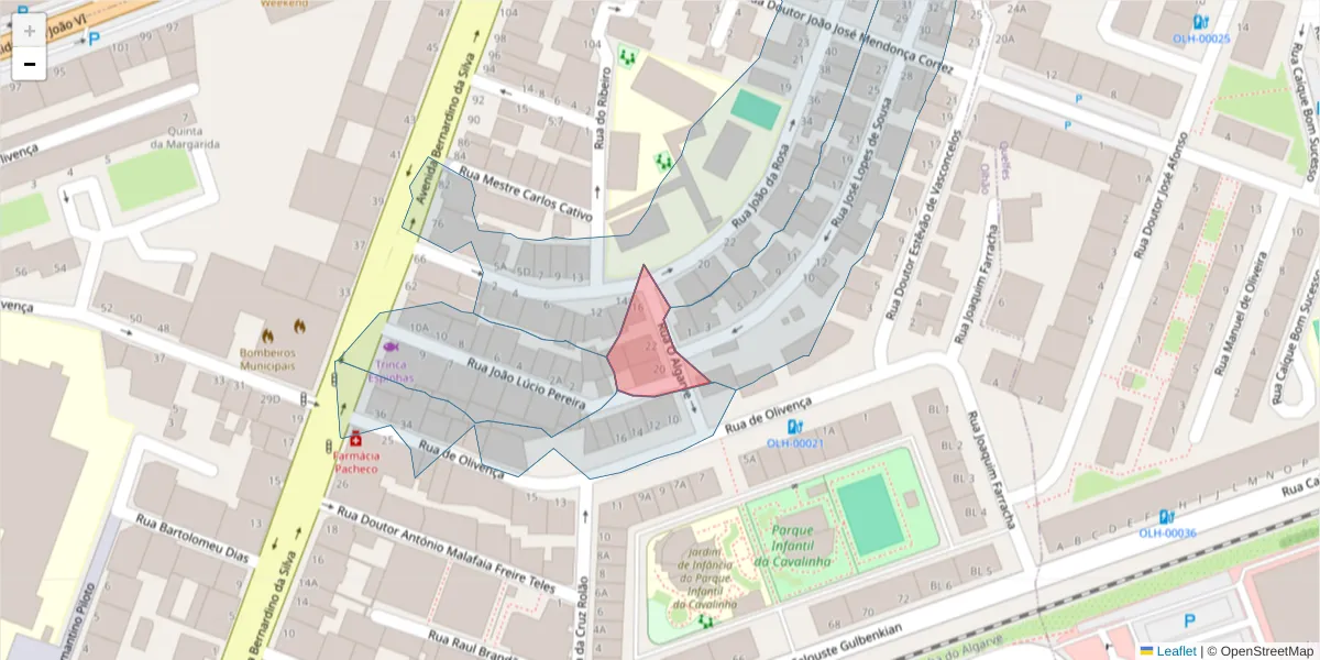 Mapa detalhado do código postal 8700-423 com limites, códigos postais vizinhos e agências dos correios