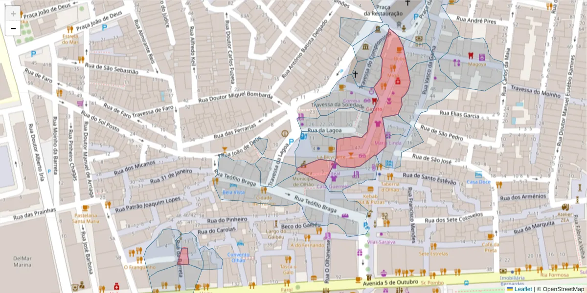 Mapa detalhado do código postal 8700-427 com limites, códigos postais vizinhos e agências dos correios