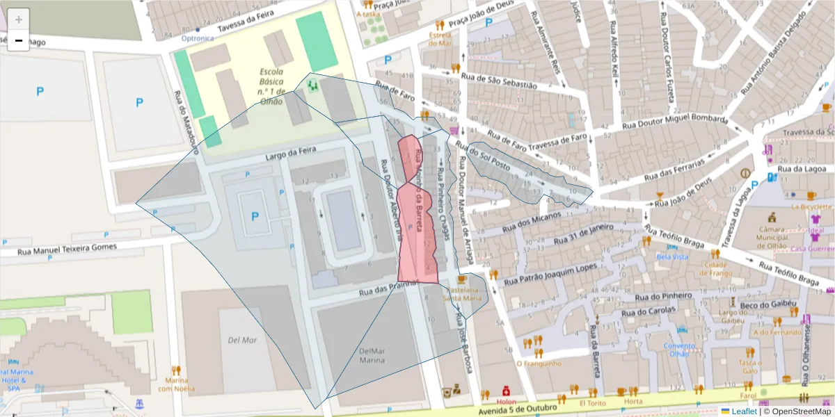 Mapa detalhado do código postal 8700-431 com limites, códigos postais vizinhos e agências dos correios