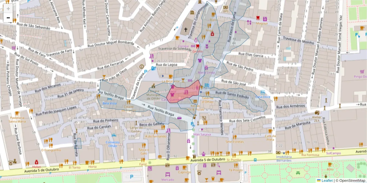 Mapa detalhado do código postal 8700-432 com limites, códigos postais vizinhos e agências dos correios