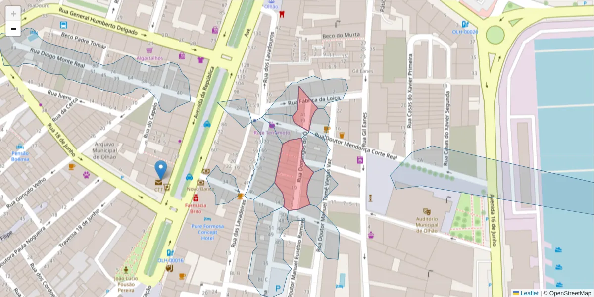 Mapa detalhado do código postal 8700-438 com limites, códigos postais vizinhos e agências dos correios