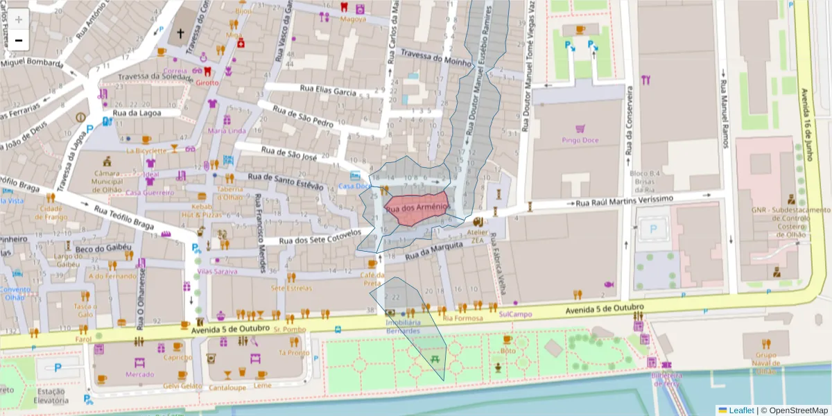 Mapa detalhado do código postal 8700-439 com limites, códigos postais vizinhos e agências dos correios