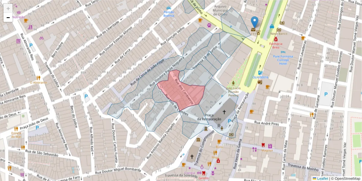 Mapa detalhado do código postal 8700-441 com limites, códigos postais vizinhos e agências dos correios