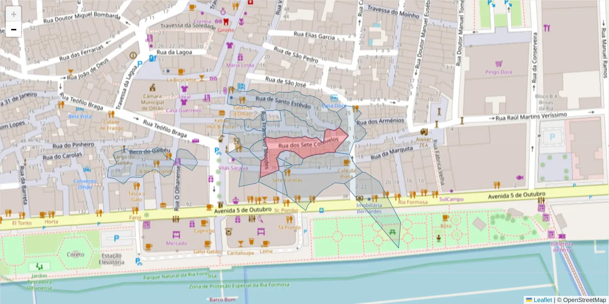 Mapa detalhado do código postal 8700-444 com limites, códigos postais vizinhos e agências dos correios