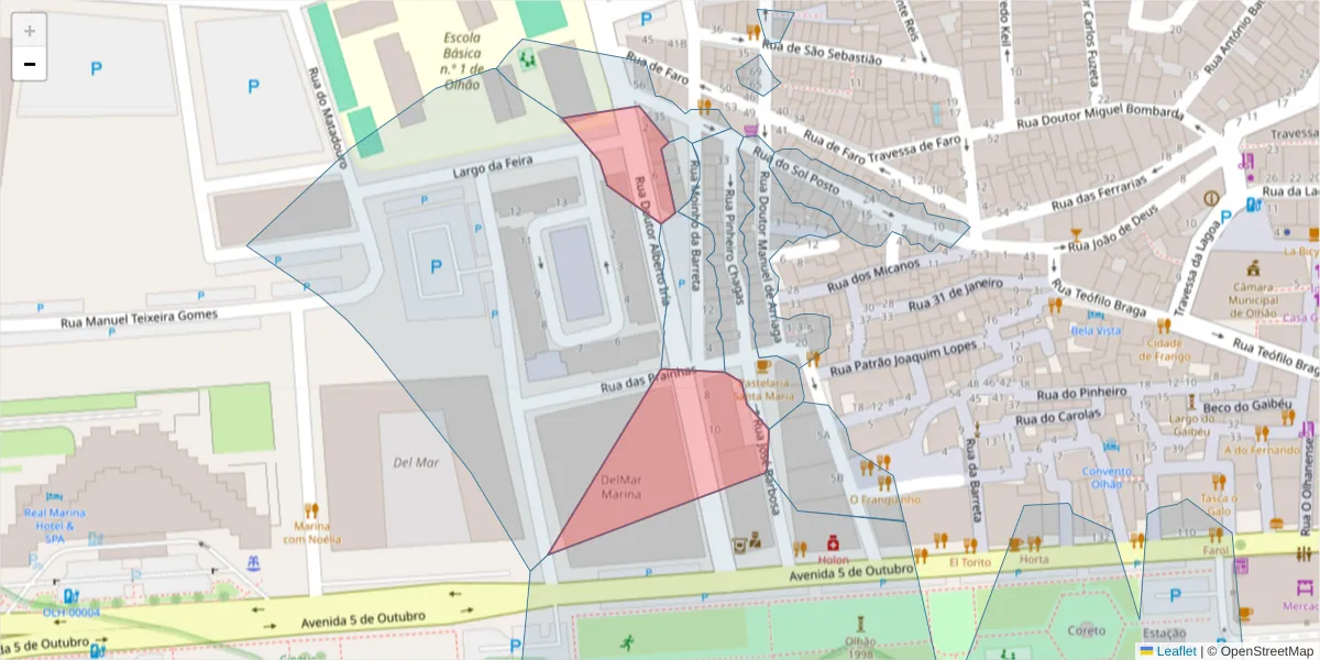 Mapa detalhado do código postal 8700-445 com limites, códigos postais vizinhos e agências dos correios