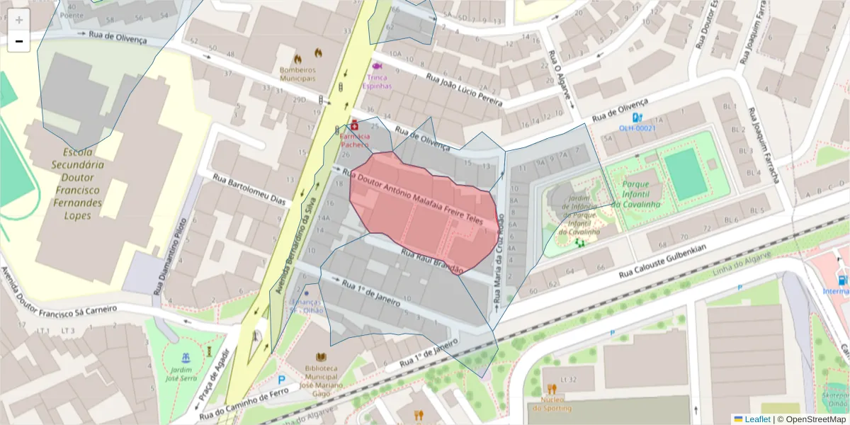 Mapa detalhado do código postal 8700-447 com limites, códigos postais vizinhos e agências dos correios
