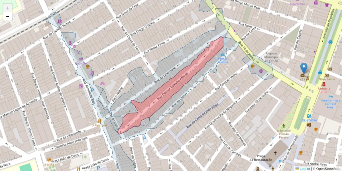 Mapa detalhado do código postal 8700-449 com limites, códigos postais vizinhos e agências dos correios