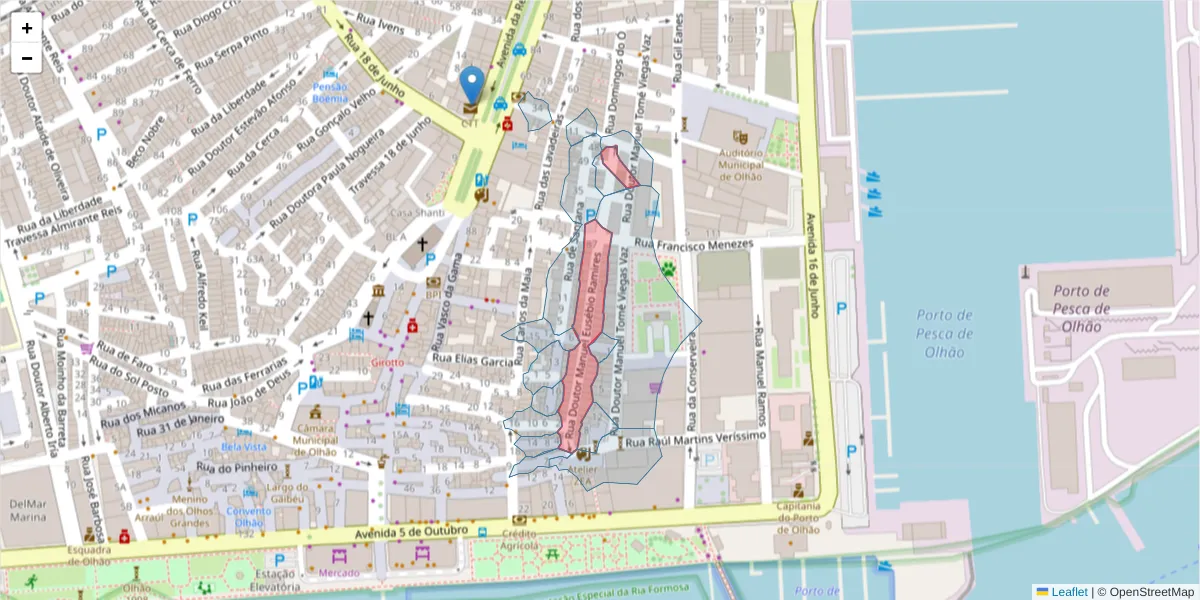 Mapa detalhado do código postal 8700-458 com limites, códigos postais vizinhos e agências dos correios