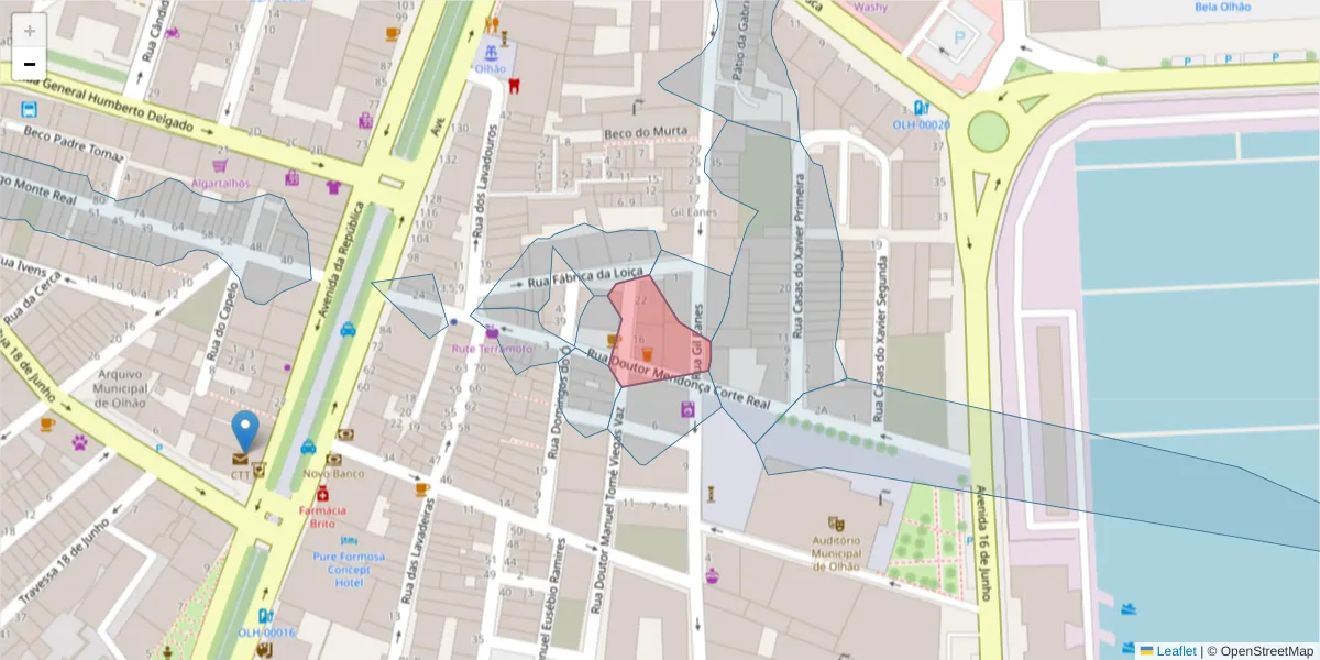 Mapa detalhado do código postal 8700-462 com limites, códigos postais vizinhos e agências dos correios
