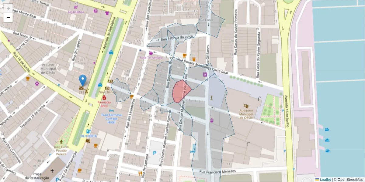 Mapa detalhado do código postal 8700-463 com limites, códigos postais vizinhos e agências dos correios