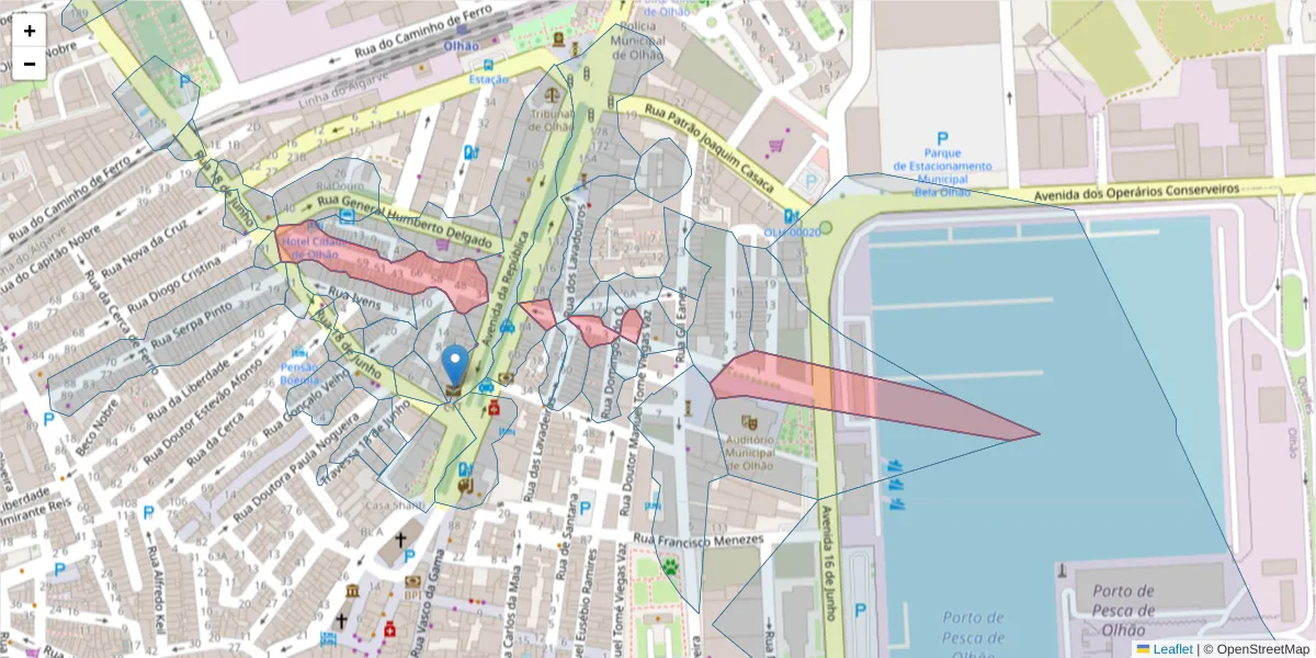 Mapa detalhado do código postal 8700-464 com limites, códigos postais vizinhos e agências dos correios