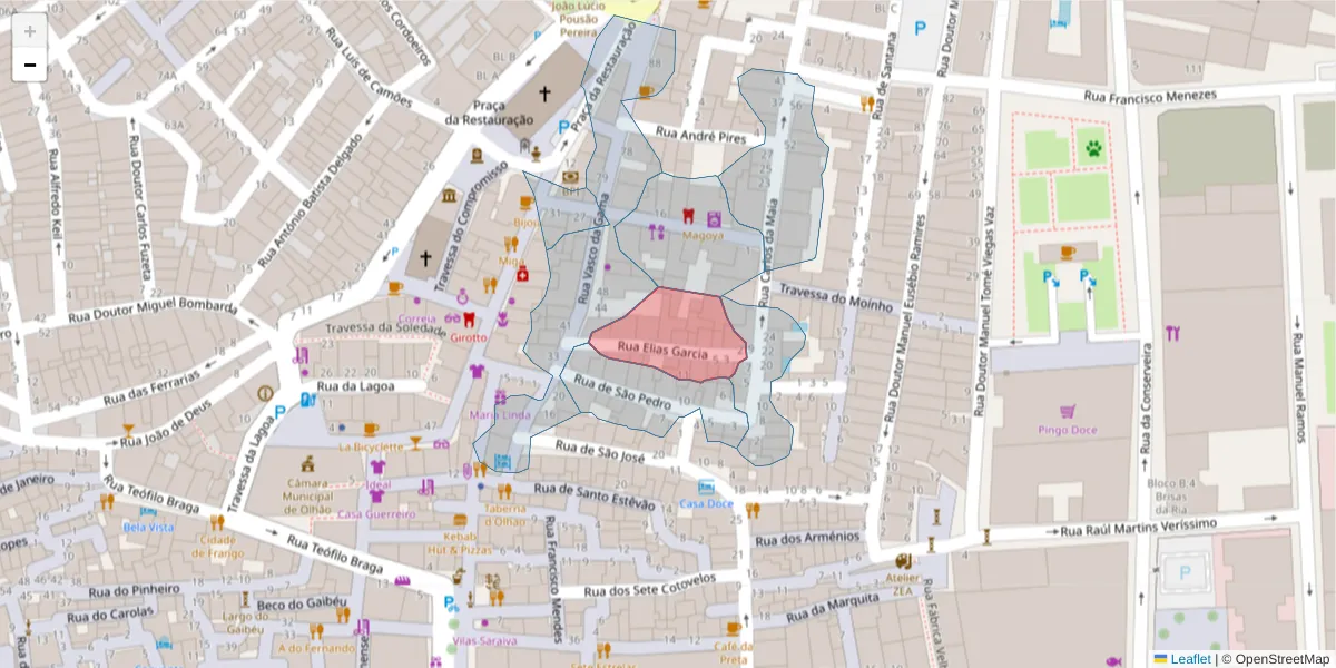 Mapa detalhado do código postal 8700-467 com limites, códigos postais vizinhos e agências dos correios