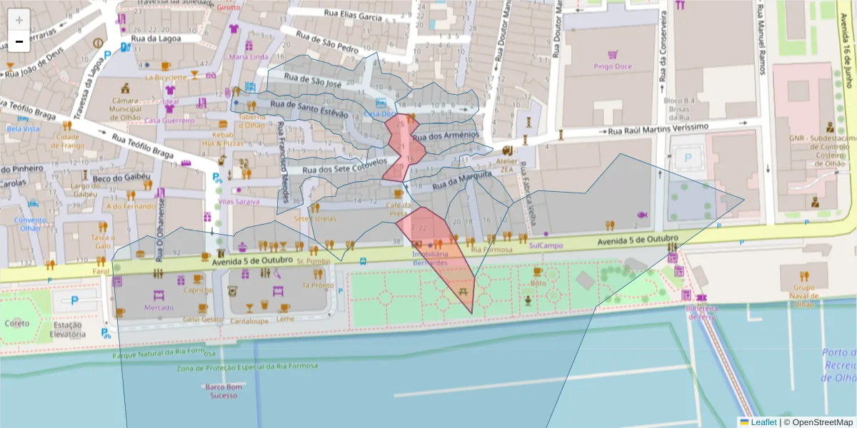 Mapa detalhado do código postal 8700-470 com limites, códigos postais vizinhos e agências dos correios