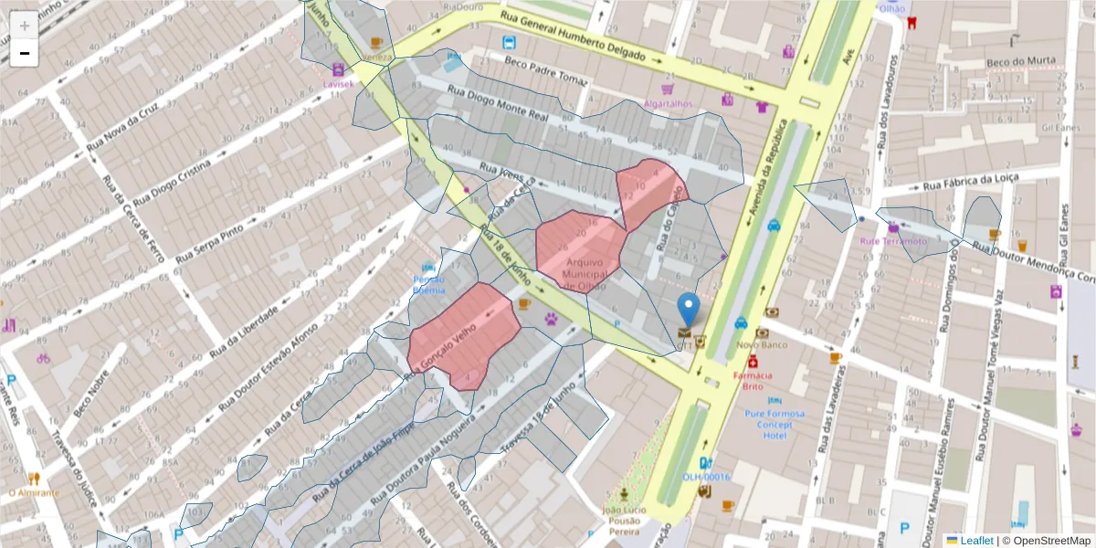 Mapa detalhado do código postal 8700-476 com limites, códigos postais vizinhos e agências dos correios
