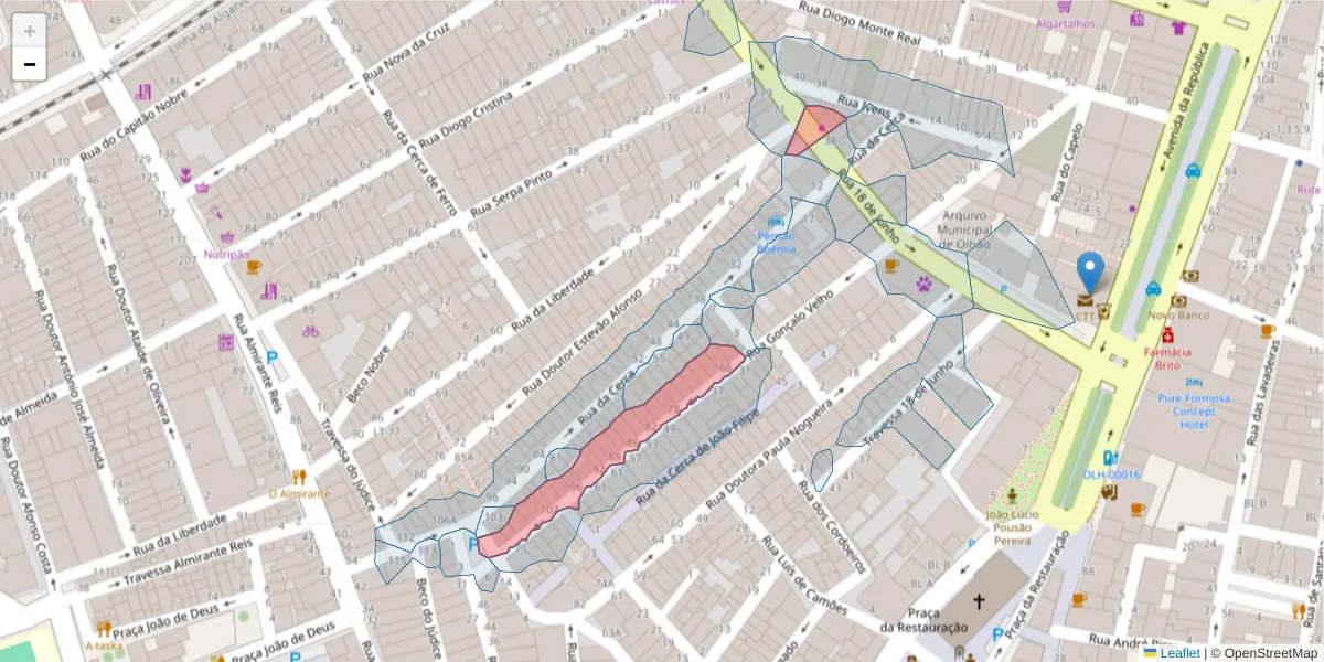 Mapa detalhado do código postal 8700-478 com limites, códigos postais vizinhos e agências dos correios