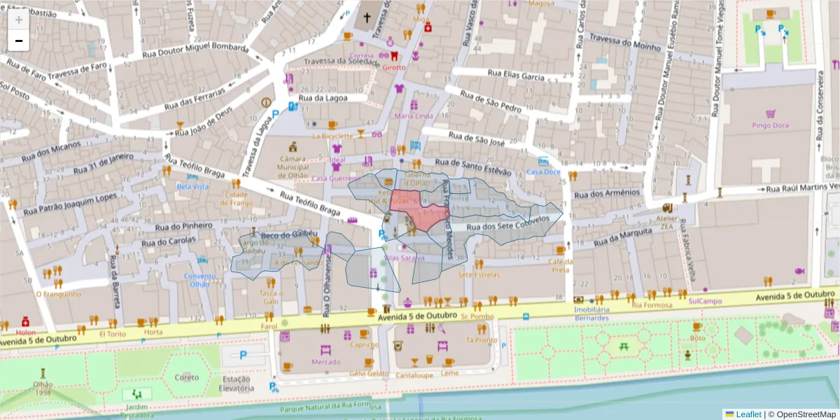 Mapa detalhado do código postal 8700-482 com limites, códigos postais vizinhos e agências dos correios
