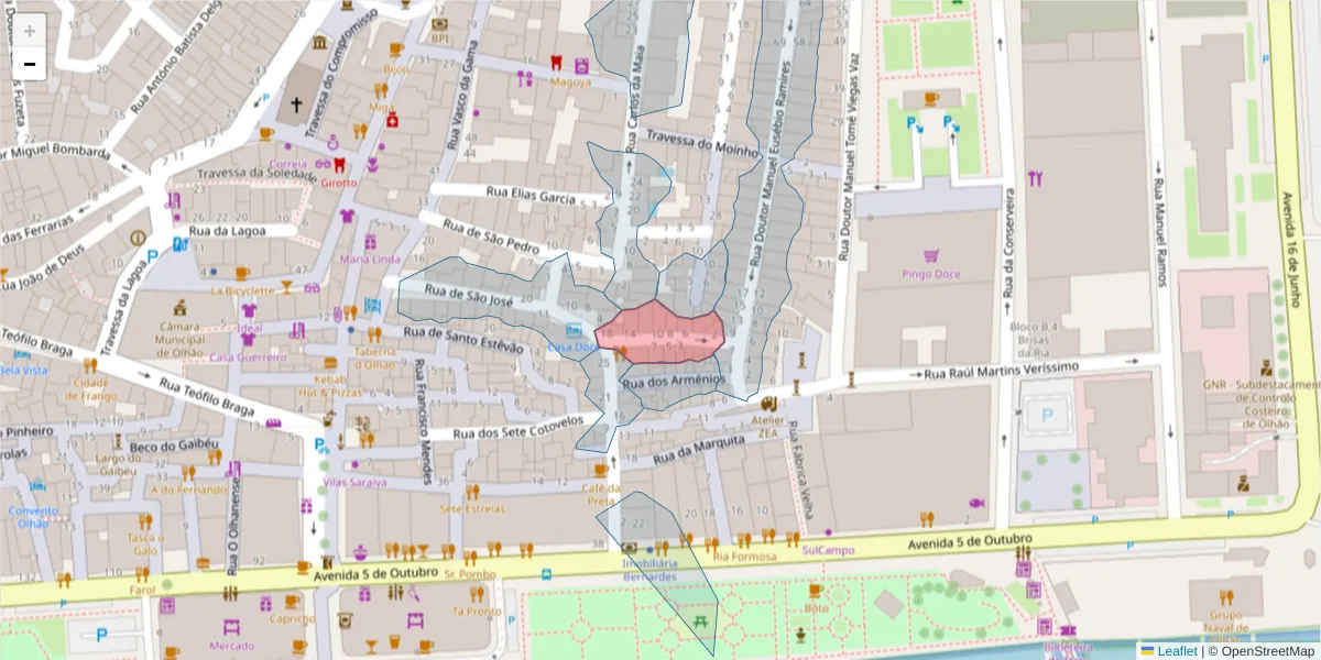 Mapa detalhado do código postal 8700-483 com limites, códigos postais vizinhos e agências dos correios