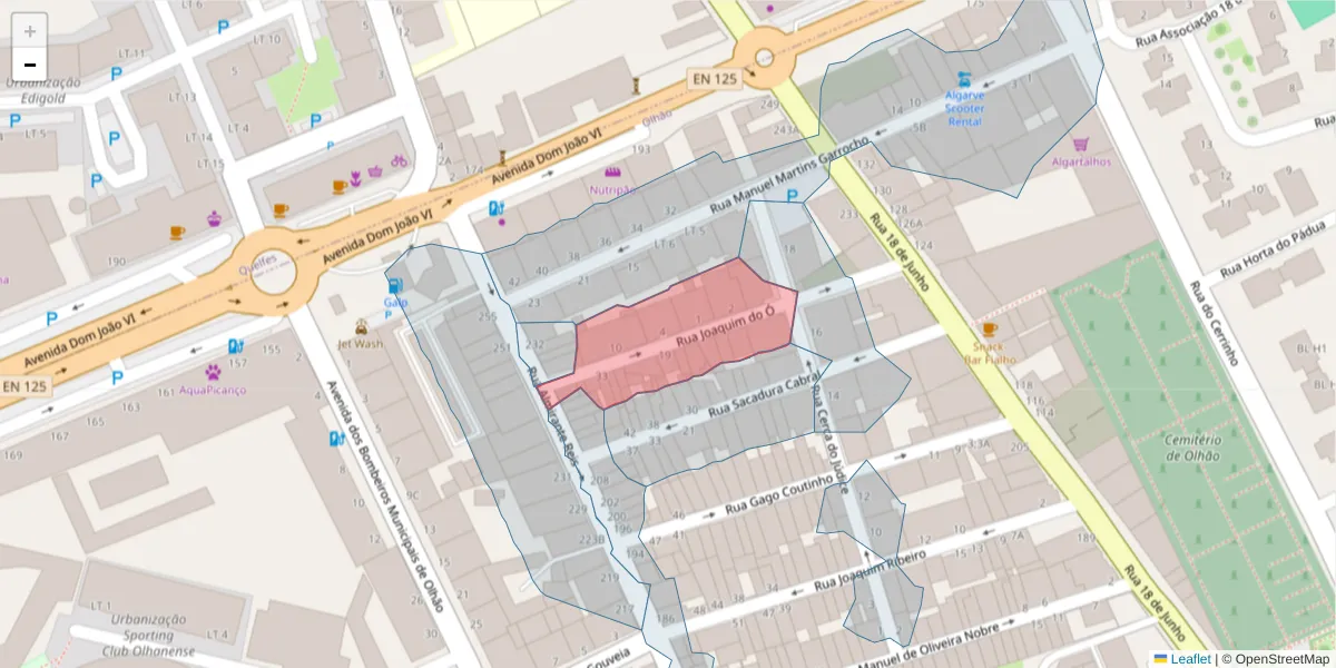 Mapa detalhado do código postal 8700-485 com limites, códigos postais vizinhos e agências dos correios