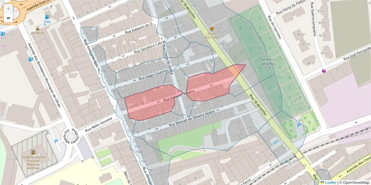 Mapa detalhado do código postal 8700-486 com limites, códigos postais vizinhos e agências dos correios