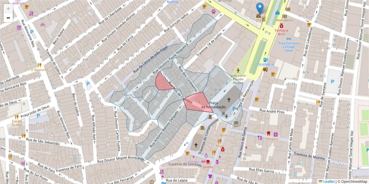 Mapa detalhado do código postal 8700-492 com limites, códigos postais vizinhos e agências dos correios
