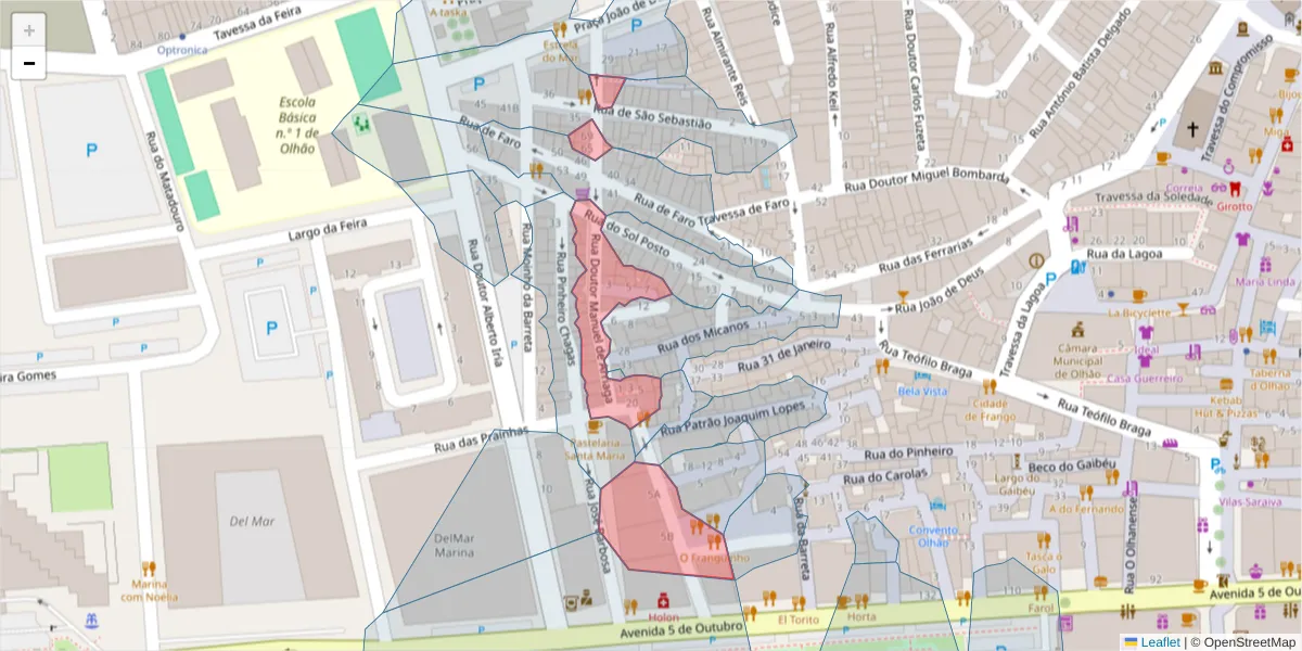 Mapa detalhado do código postal 8700-493 com limites, códigos postais vizinhos e agências dos correios