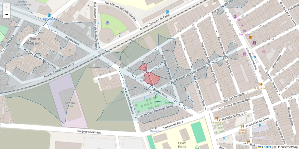 Mapa detalhado do código postal 8700-496 com limites, códigos postais vizinhos e agências dos correios