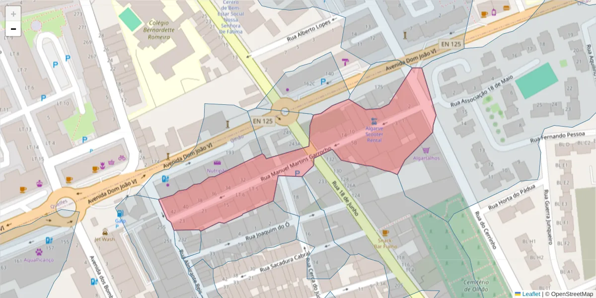 Mapa detalhado do código postal 8700-497 com limites, códigos postais vizinhos e agências dos correios