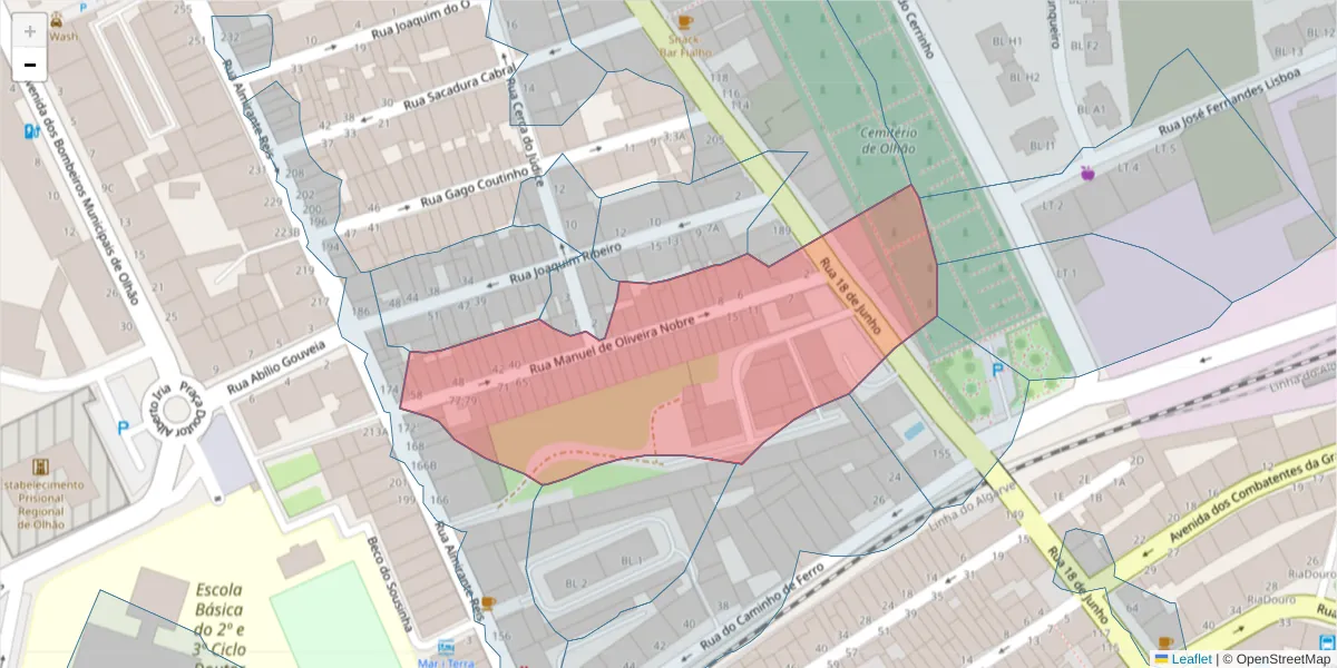 Mapa detalhado do código postal 8700-498 com limites, códigos postais vizinhos e agências dos correios