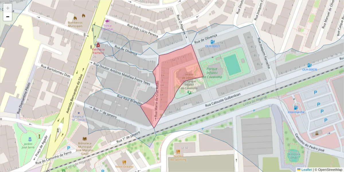 Mapa detalhado do código postal 8700-499 com limites, códigos postais vizinhos e agências dos correios