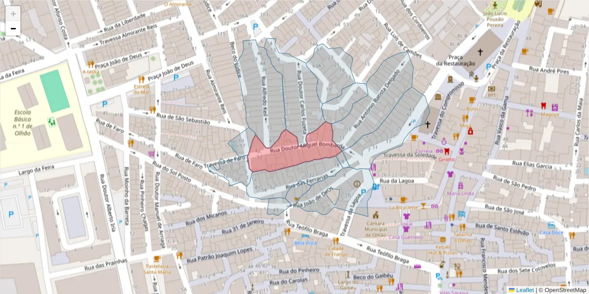 Mapa detalhado do código postal 8700-503 com limites, códigos postais vizinhos e agências dos correios
