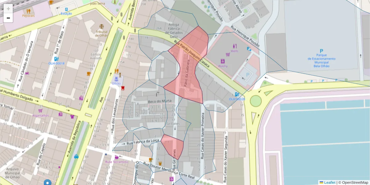 Mapa detalhado do código postal 8700-506 com limites, códigos postais vizinhos e agências dos correios