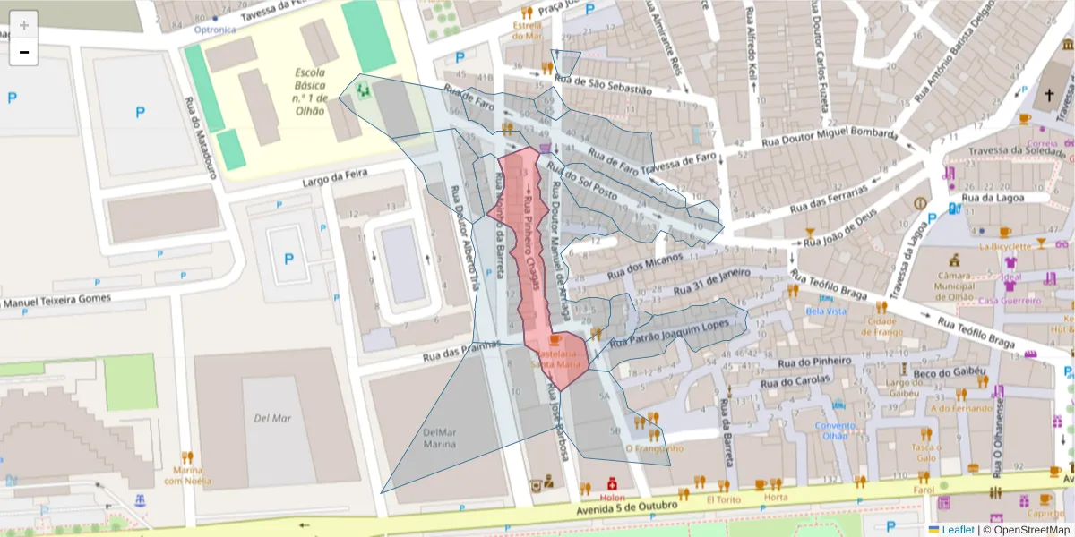 Mapa detalhado do código postal 8700-511 com limites, códigos postais vizinhos e agências dos correios