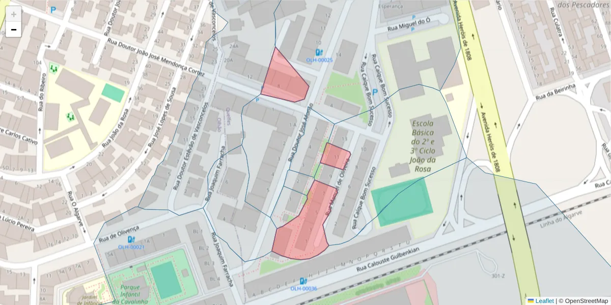 Mapa detalhado do código postal 8700-516 com limites, códigos postais vizinhos e agências dos correios