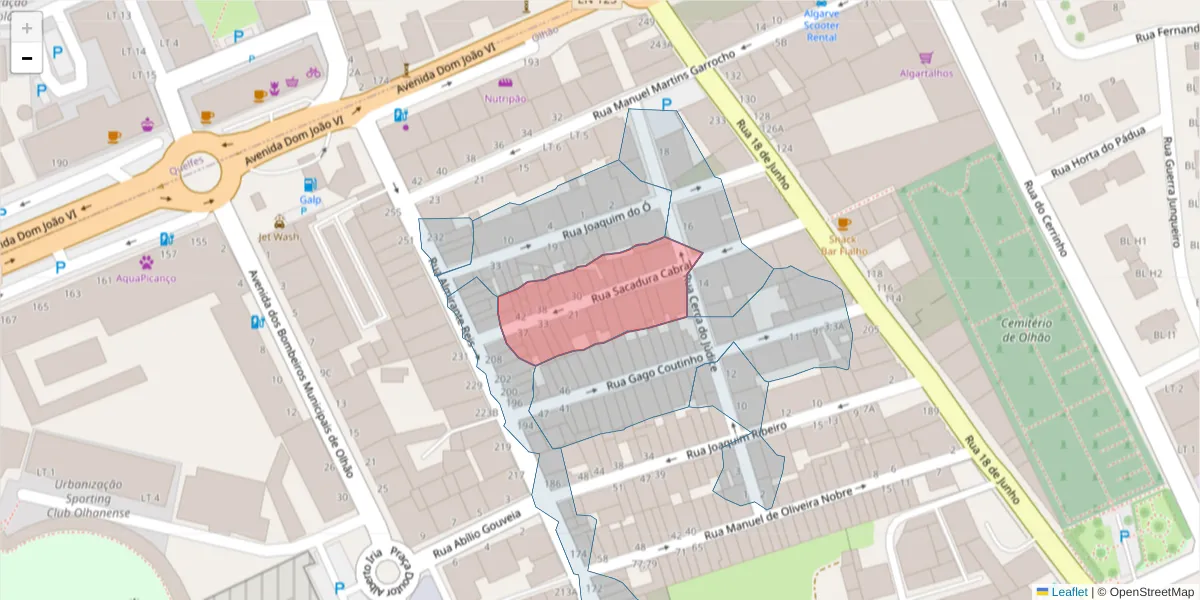 Mapa detalhado do código postal 8700-518 com limites, códigos postais vizinhos e agências dos correios