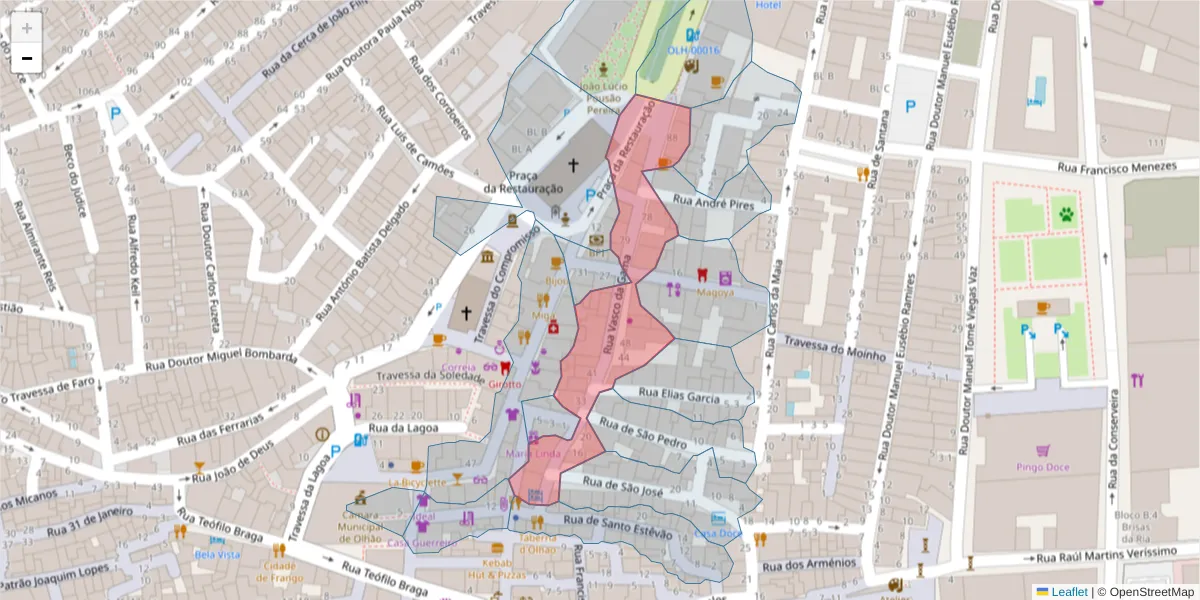 Mapa detalhado do código postal 8700-522 com limites, códigos postais vizinhos e agências dos correios