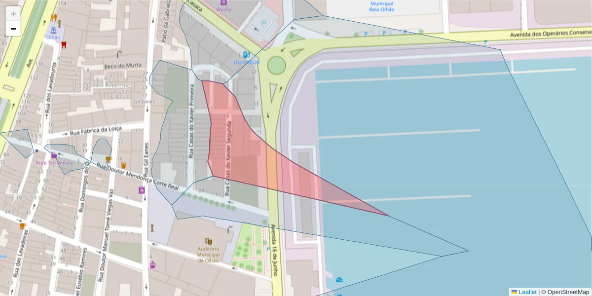Mapa detalhado do código postal 8700-523 com limites, códigos postais vizinhos e agências dos correios