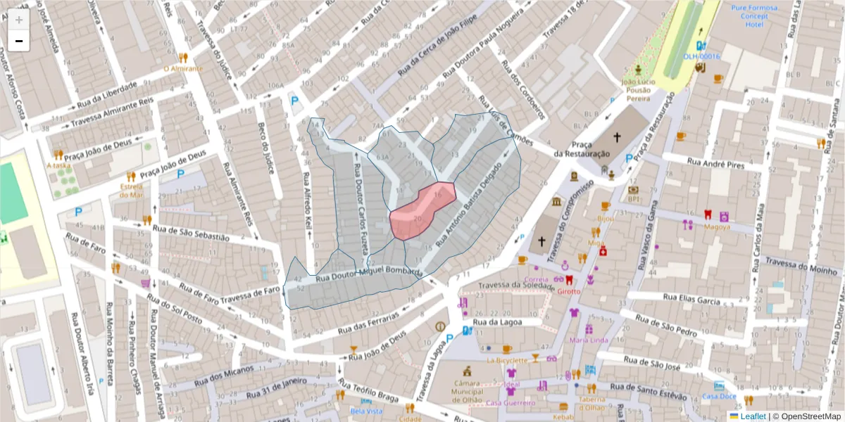 Mapa detalhado do código postal 8700-531 com limites, códigos postais vizinhos e agências dos correios