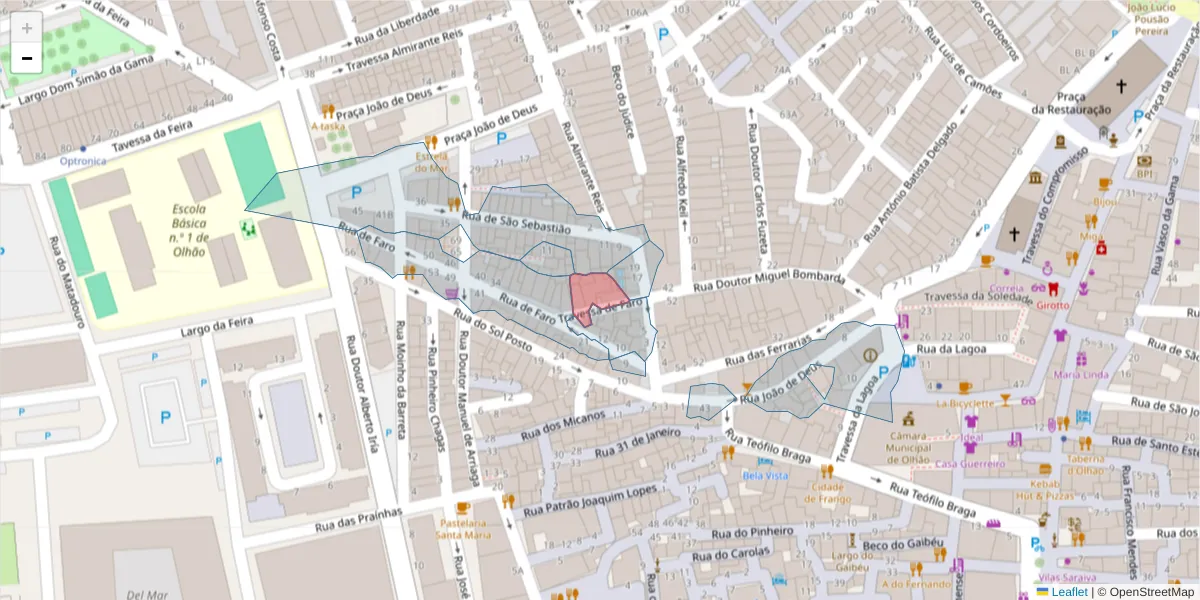 Mapa detalhado do código postal 8700-533 com limites, códigos postais vizinhos e agências dos correios