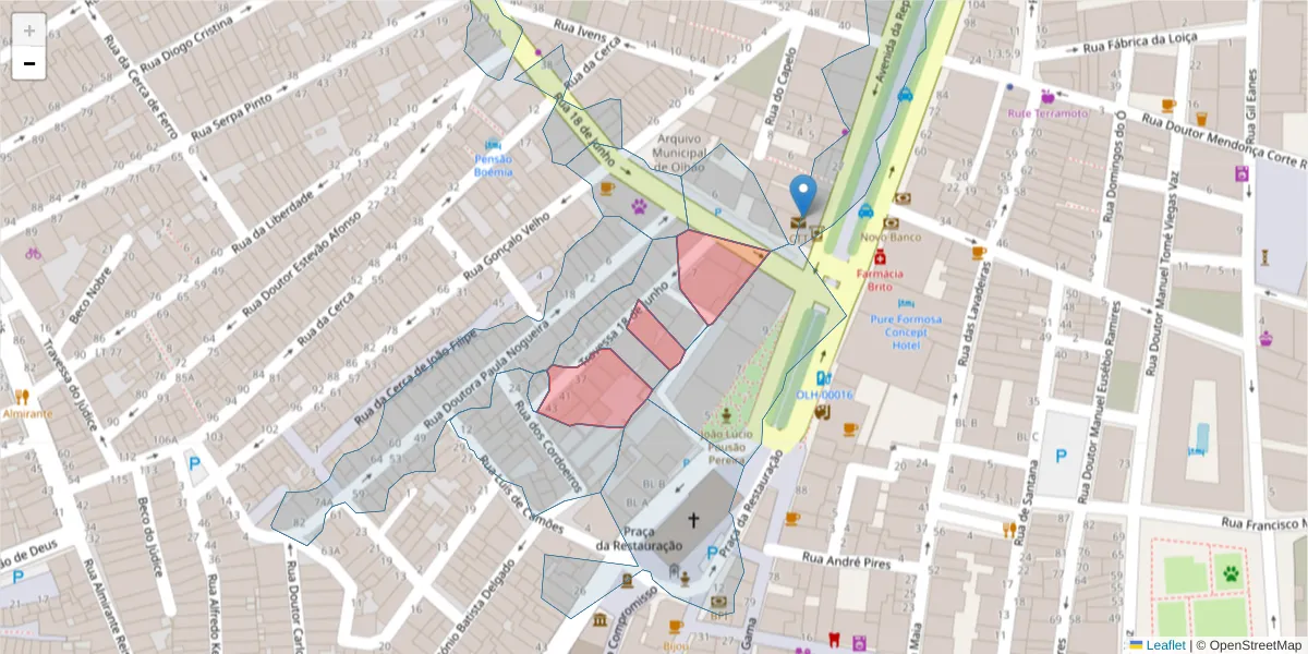 Mapa detalhado do código postal 8700-537 com limites, códigos postais vizinhos e agências dos correios