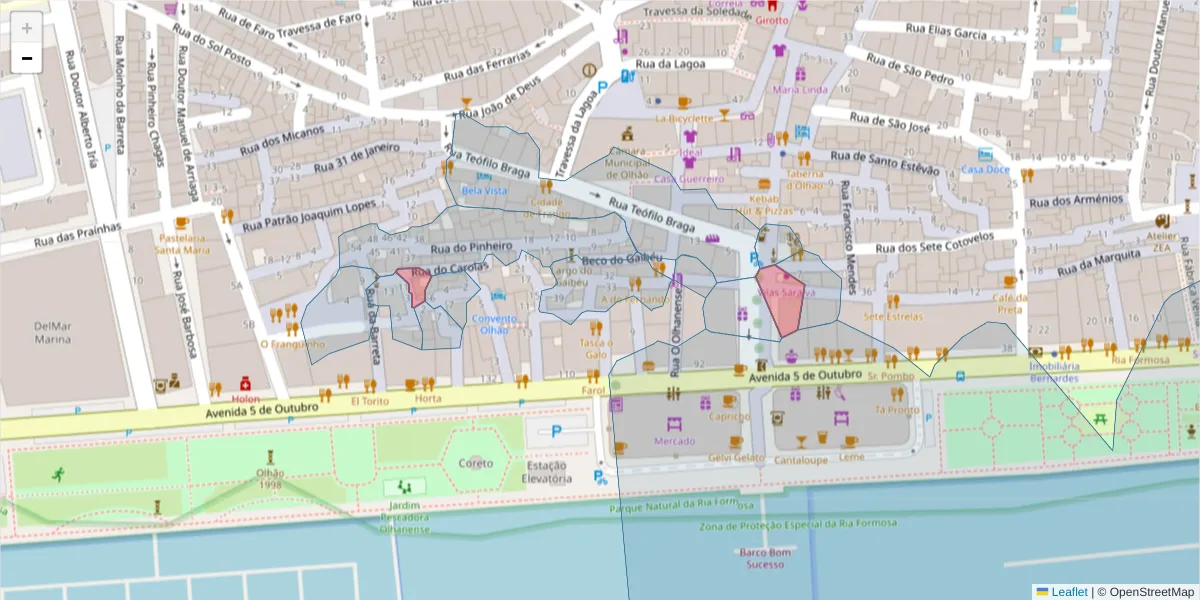 Mapa detalhado do código postal 8700-540 com limites, códigos postais vizinhos e agências dos correios