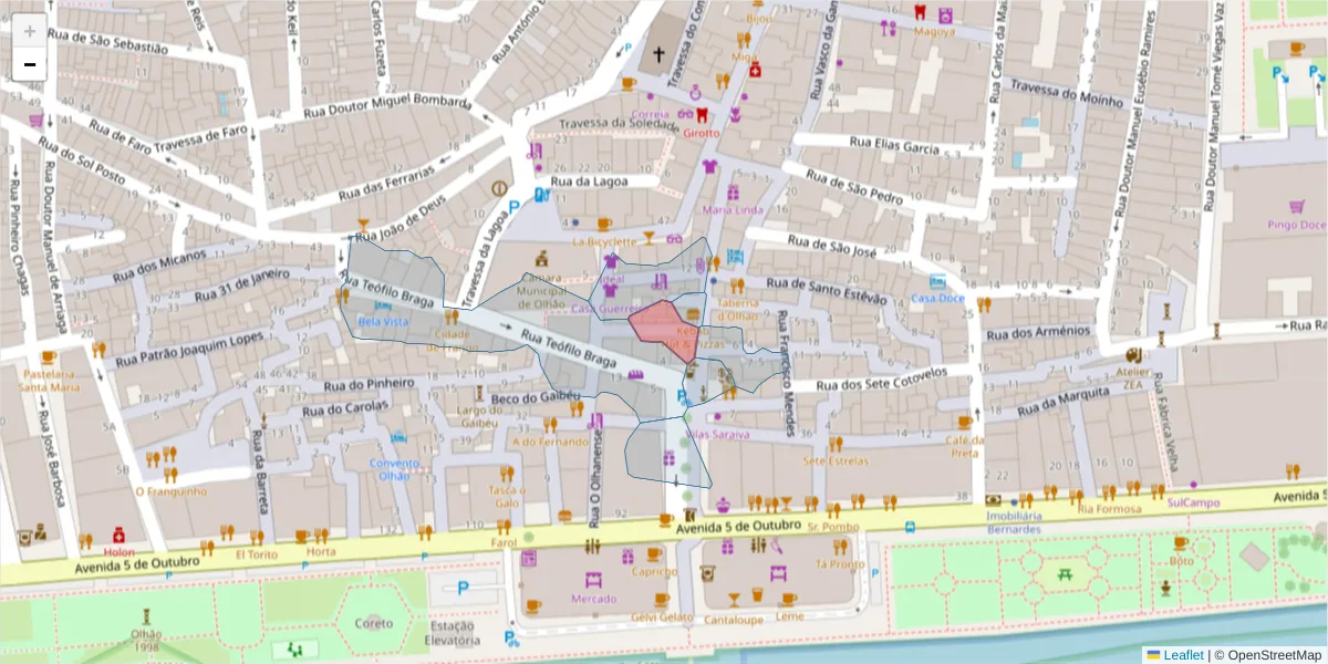 Mapa detalhado do código postal 8700-541 com limites, códigos postais vizinhos e agências dos correios