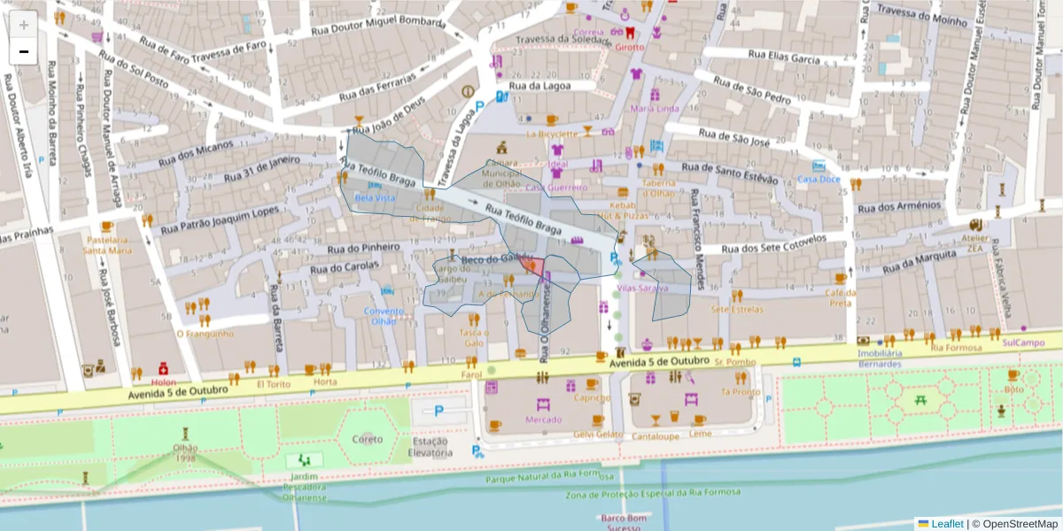 Mapa detalhado do código postal 8700-544 com limites, códigos postais vizinhos e agências dos correios