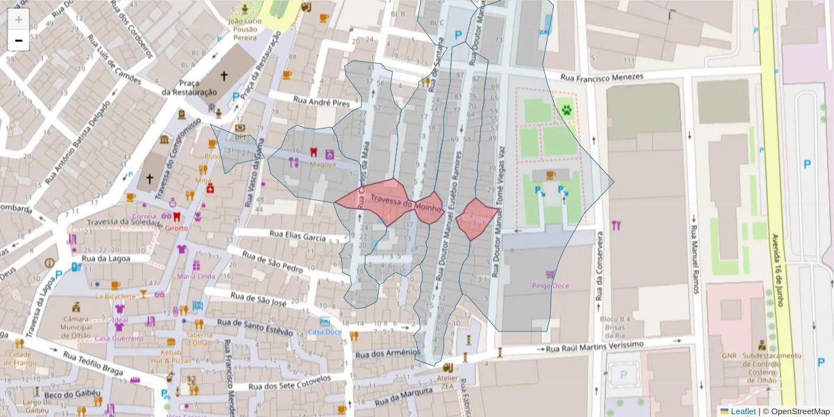 Mapa detalhado do código postal 8700-547 com limites, códigos postais vizinhos e agências dos correios