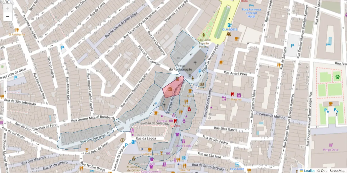 Mapa detalhado do código postal 8700-548 com limites, códigos postais vizinhos e agências dos correios