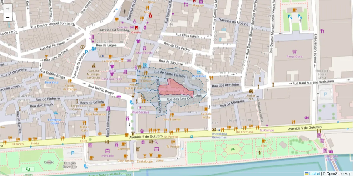 Mapa detalhado do código postal 8700-549 com limites, códigos postais vizinhos e agências dos correios