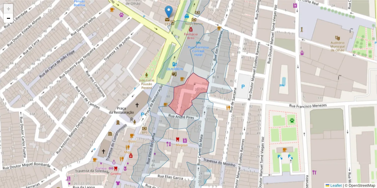 Mapa detalhado do código postal 8700-555 com limites, códigos postais vizinhos e agências dos correios