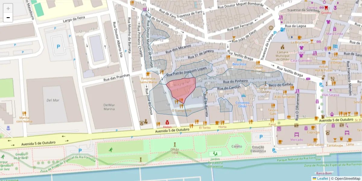 Mapa detalhado do código postal 8700-559 com limites, códigos postais vizinhos e agências dos correios