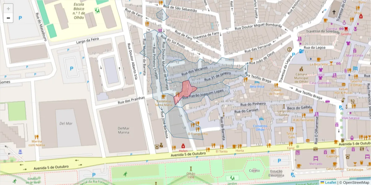 Mapa detalhado do código postal 8700-565 com limites, códigos postais vizinhos e agências dos correios