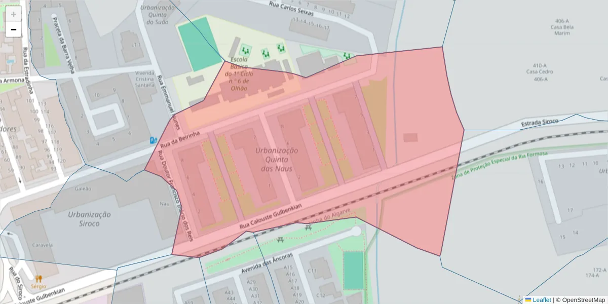 Mapa detalhado do código postal 8700-579 com limites, códigos postais vizinhos e agências dos correios