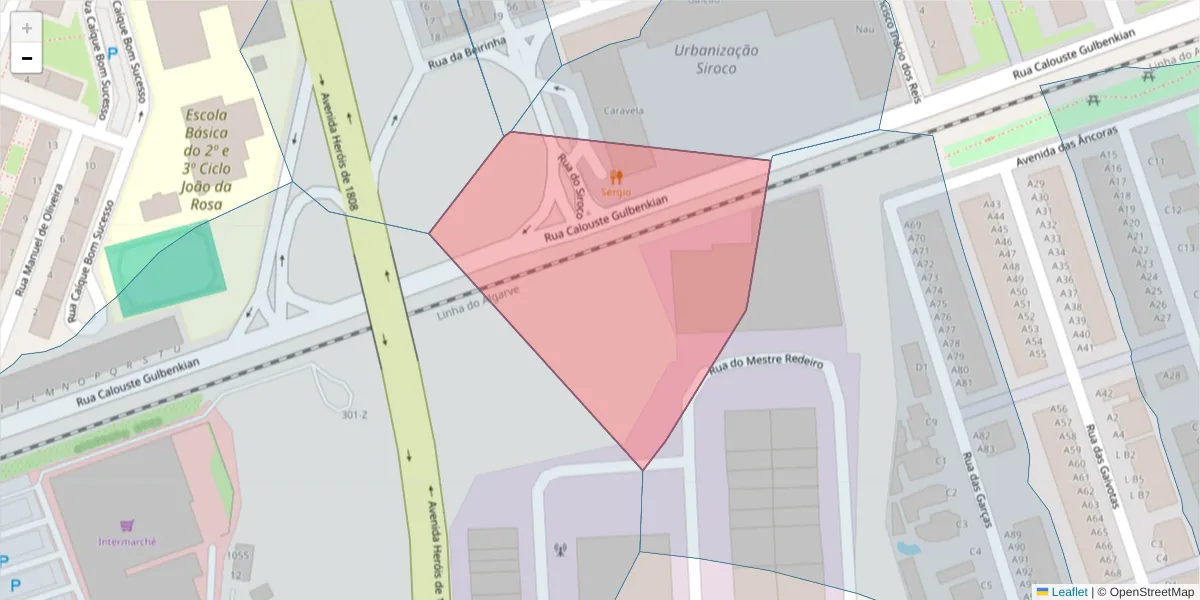 Mapa detalhado do código postal 8700-584 com limites, códigos postais vizinhos e agências dos correios